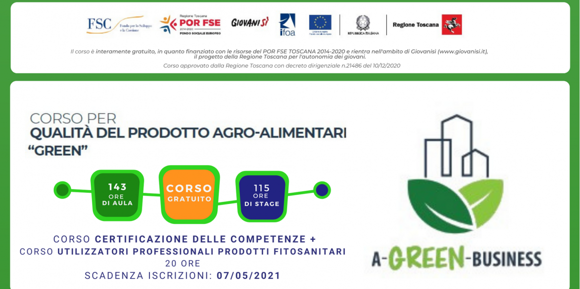 Corso gratuito per QUALITA’ DEL PRODOTTO AGRO-ALIMENTARE “GREEN” – Scadenza iscrizioni 7 MAGGIO 2021