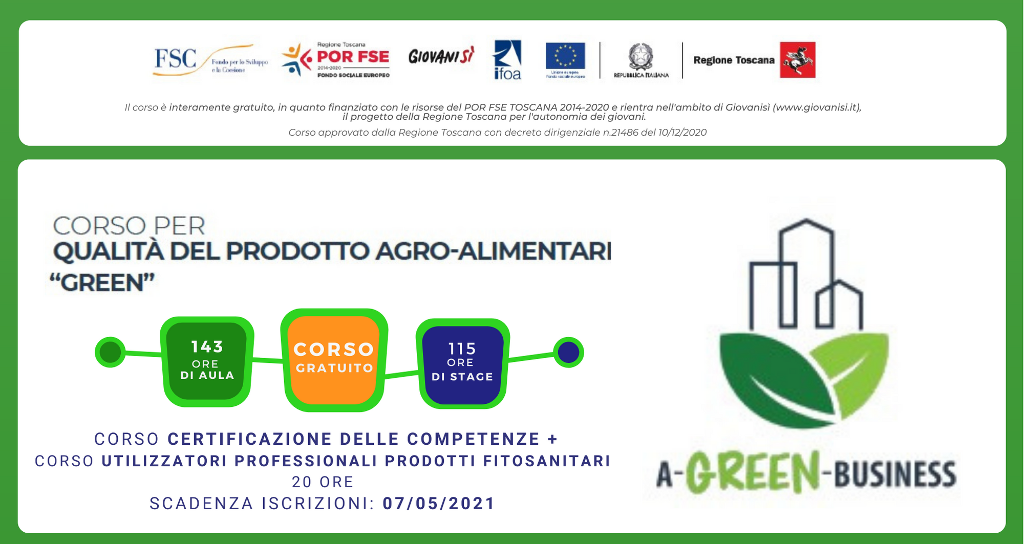 Corso gratuito per QUALITA’ DEL PRODOTTO AGRO-ALIMENTARE “GREEN” – Scadenza iscrizioni 7 MAGGIO 2021
